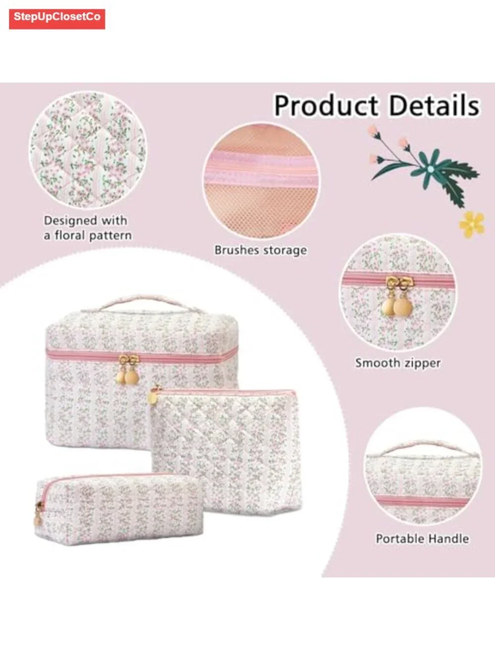 Quilted Floral Makeup Bag Set 3pc Pink Cosmetic Travel Toiletry Organizer